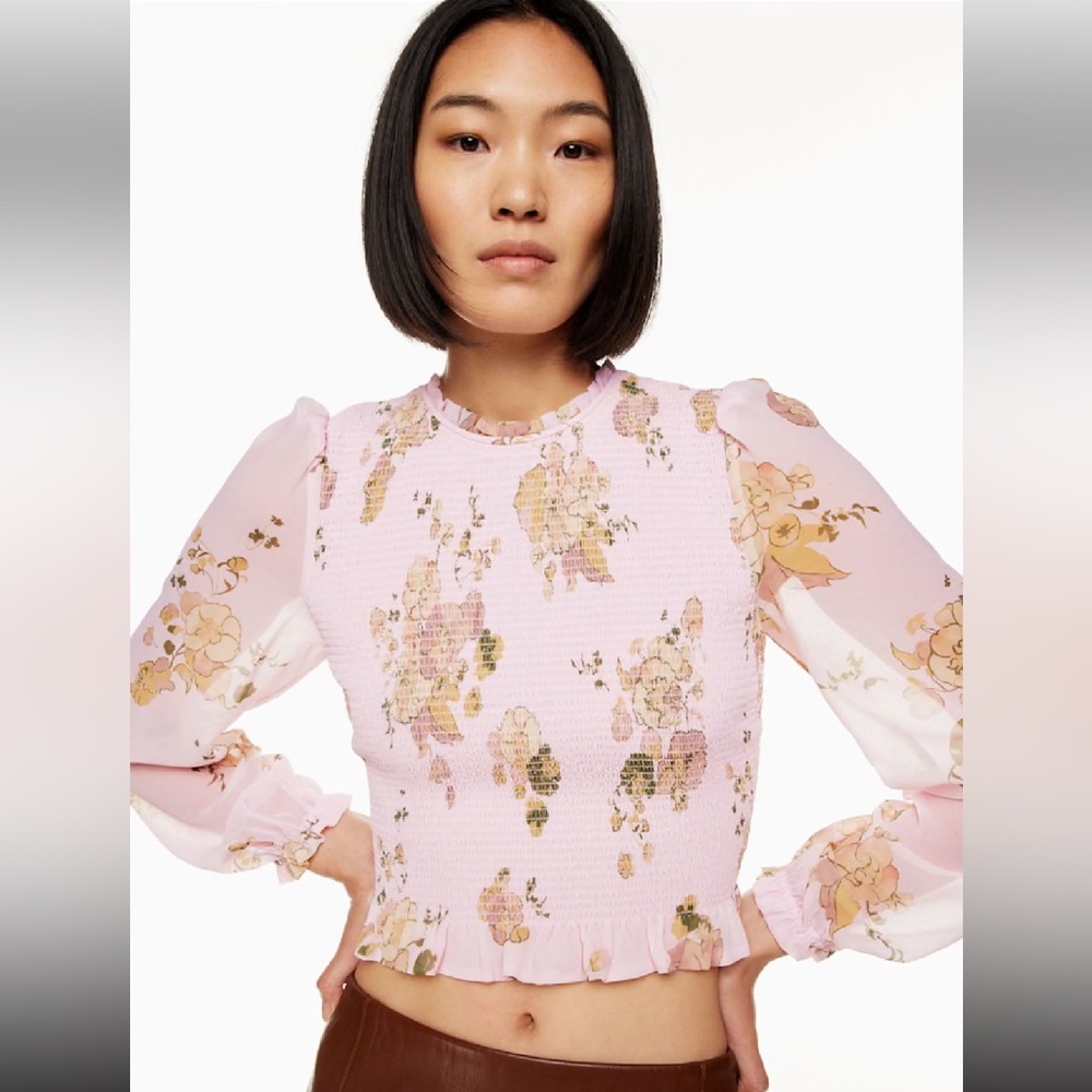 Aritzia Wilfred New Tempest Blouse Pink Floral Ruffle Zip Back Feminine Small